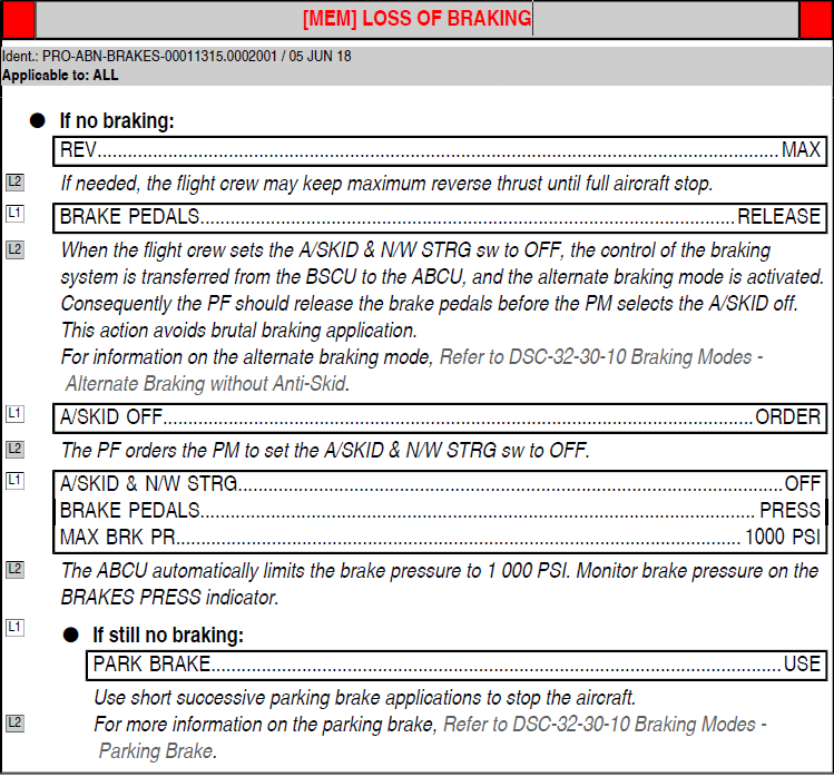 Airbus A320 Loss of Braking Memory Item