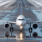 Airbus A320 landing on an icy runway with standing water and deployed spoilers.