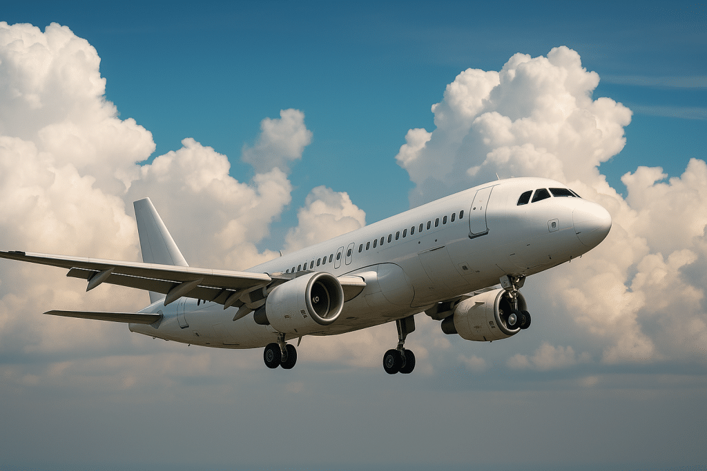 Commercial jet cruising through cumulus cloud layers in clear blue sky, symbolizing real-time aviation weather conditions relevant to METAR and TAF interpretation.
