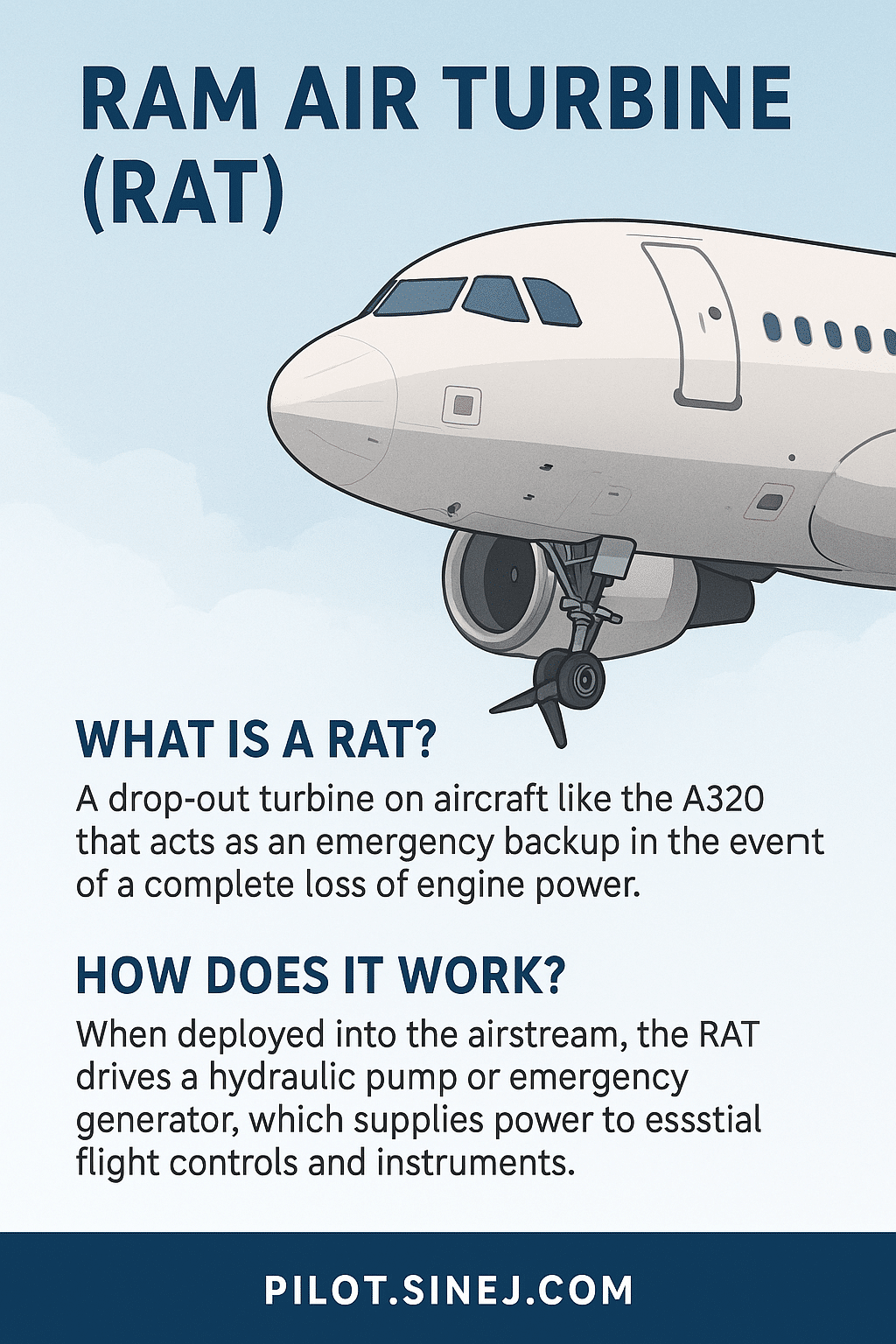 Infographic showing the function and operation of the Ram Air Turbine (RAT) on an Airbus A320 during emergency situations.