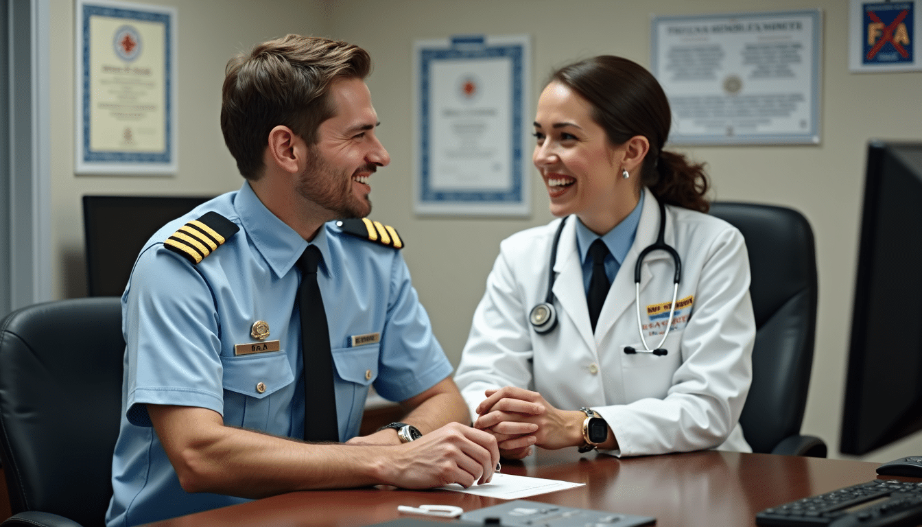 Regular FAA medical assessments now include open discussions about pilot mental health and well-being. Pilot discussing mental health with FAA medical examiner