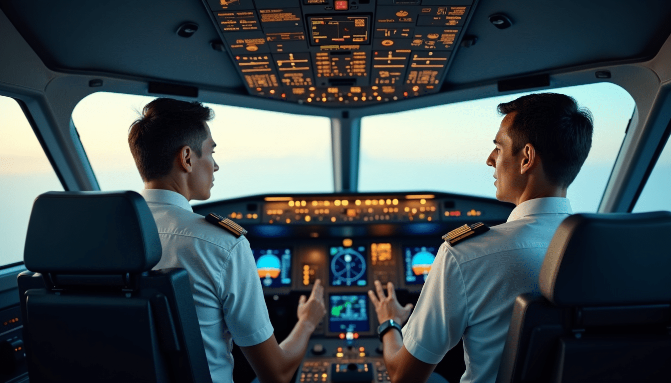 Modern airlines encourage pilots to support one another in managing stress and mental fatigue during long flights. Pilots in cockpit addressing stress and mental health together