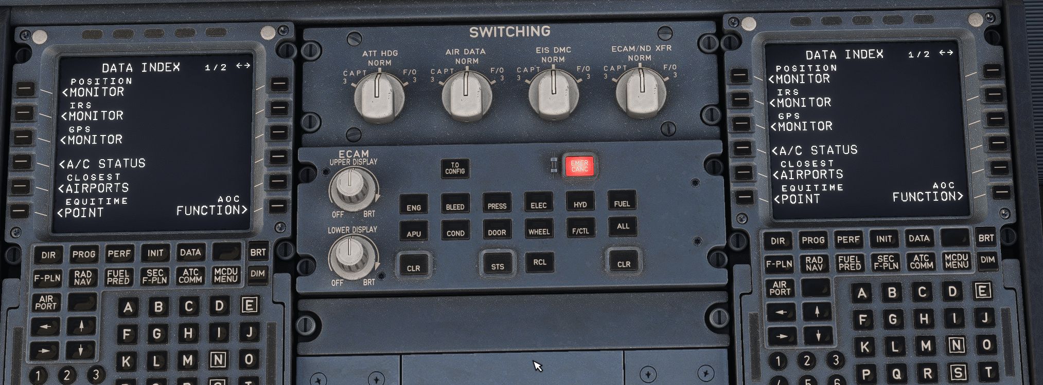 A320 switching panel ATT HDG and AIR DATA selectors for selecting alternate IR and ADR sources