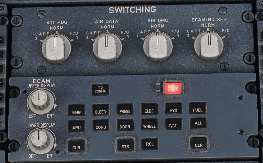 A320 switching panel ECAM ND XFR selector transferring ECAM indications to the Navigation Display after ECAM DU failure